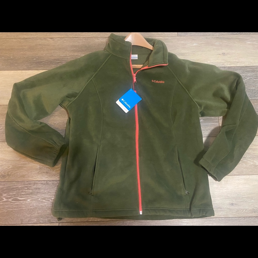 Columbia Men's Olive Green Fleece Jacket with Red Trim - Picture 3 of 4
